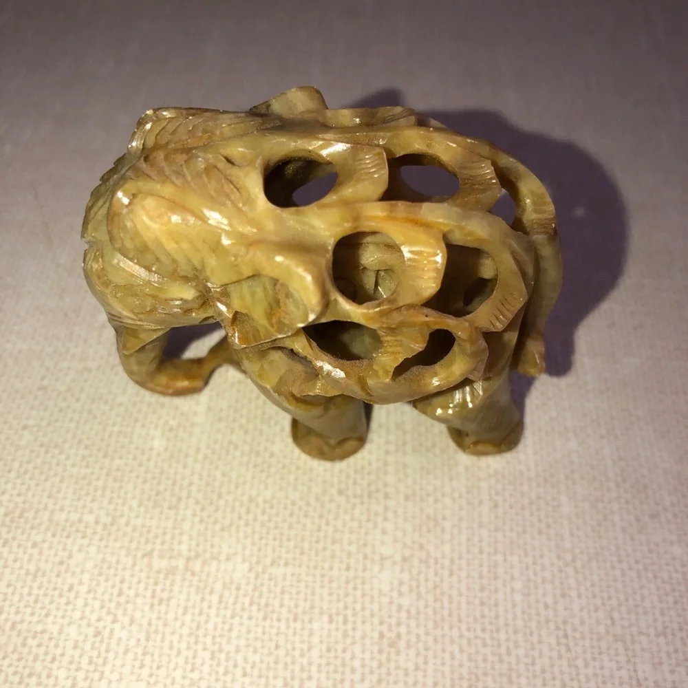 Carved Soapstone Elephant Calf Elephant Inside Detailed Scroll‎ Work Vines